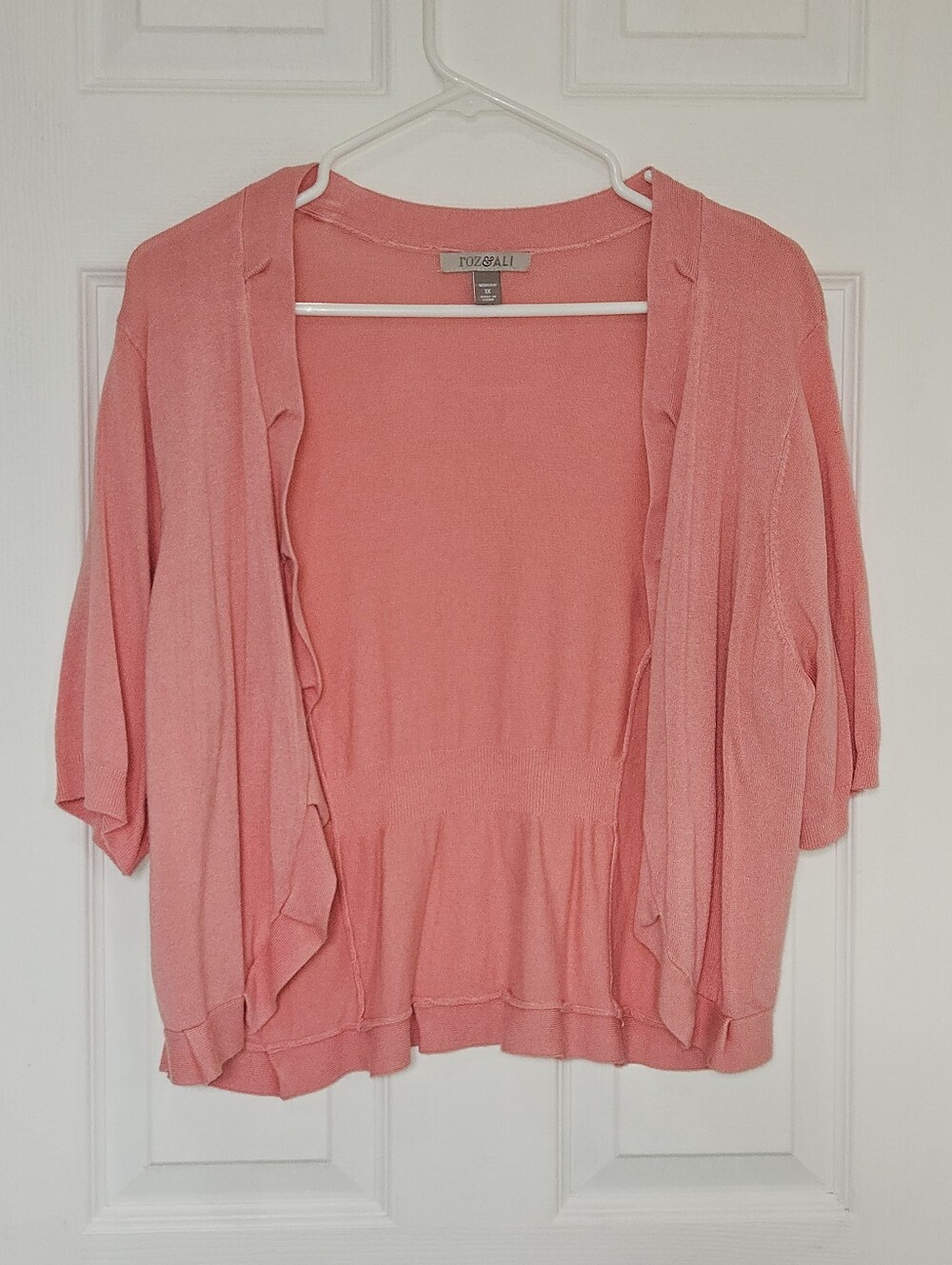 Roz & Ali Coral Open Ruffle-Front Short Sleeve Cardigan